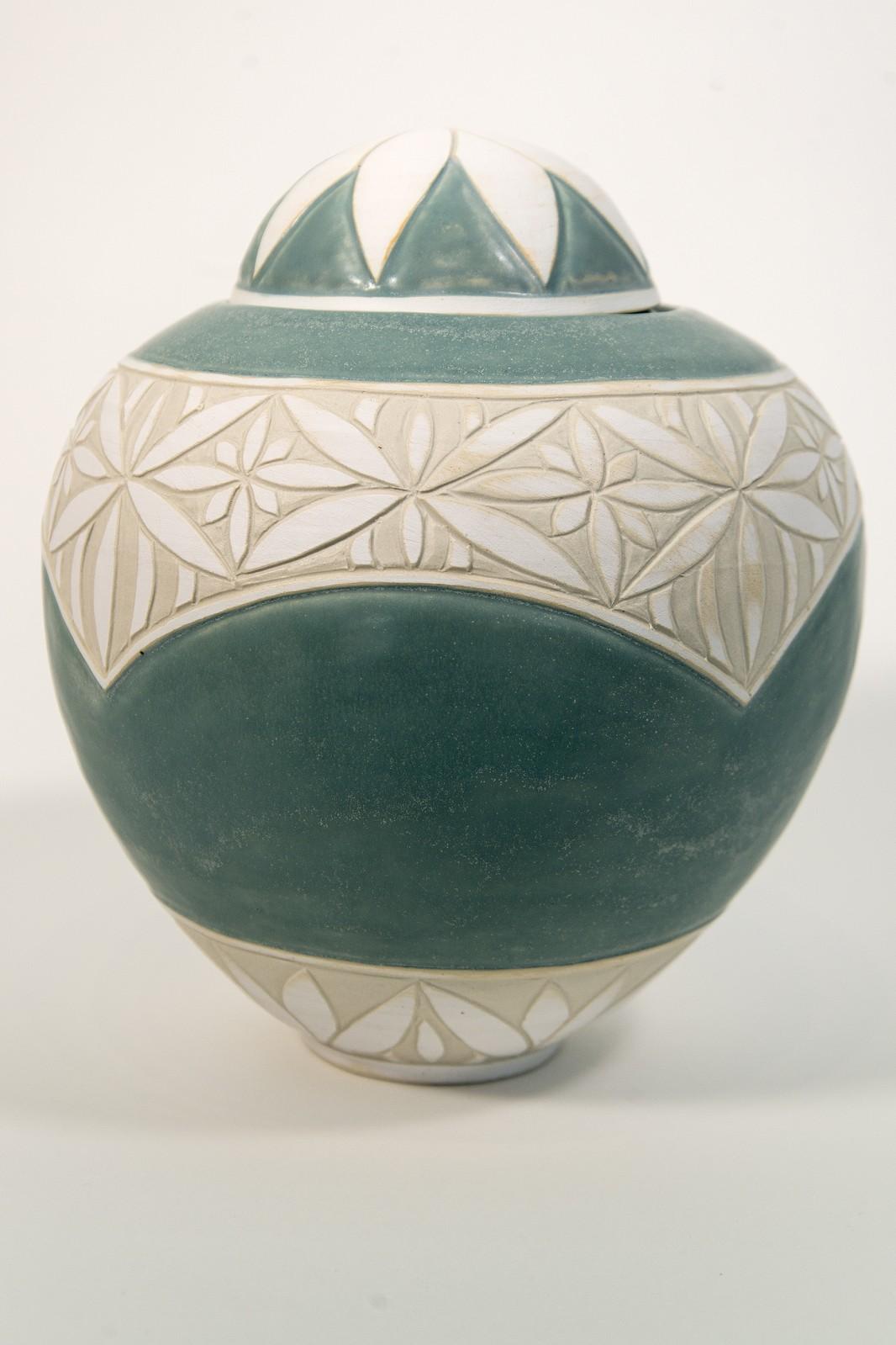 Loren Kaplan Abstract Sculpture - Aqua Jar with Engraved Detail - decorative, handcrafted, porcelain vessel