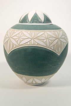 Aqua Jar with Engraved Detail - decorative, handcrafted, porcelain vessel