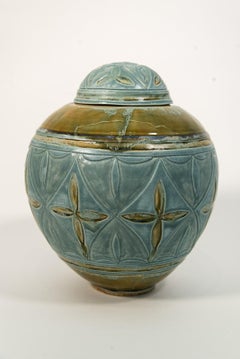 Aqua & Ochre Engraved Jar - decorative, handcrafted, glazed porcelain vessel