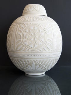 Large Engraved Ginger Jar - decorative, detailed, handcrafted, porcelain vessel