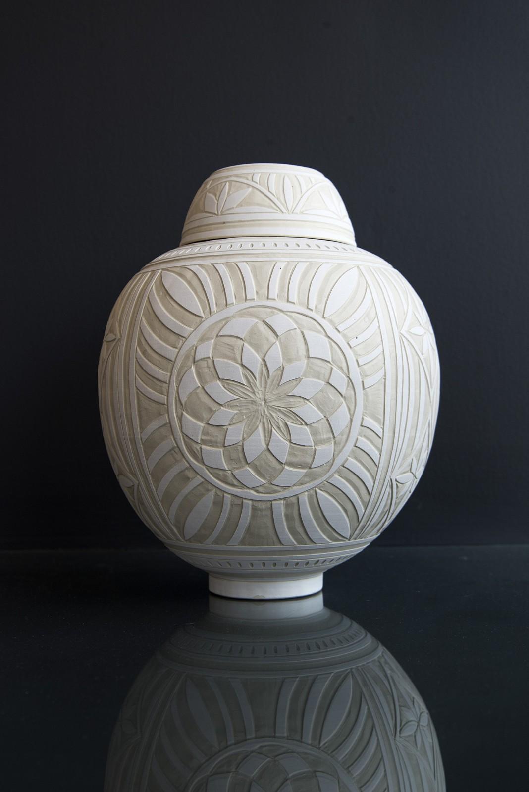 Medium Engraved Ginger Jar - decorative, detailed, handcrafted, porcelain vessel - Black Abstract Sculpture by Loren Kaplan