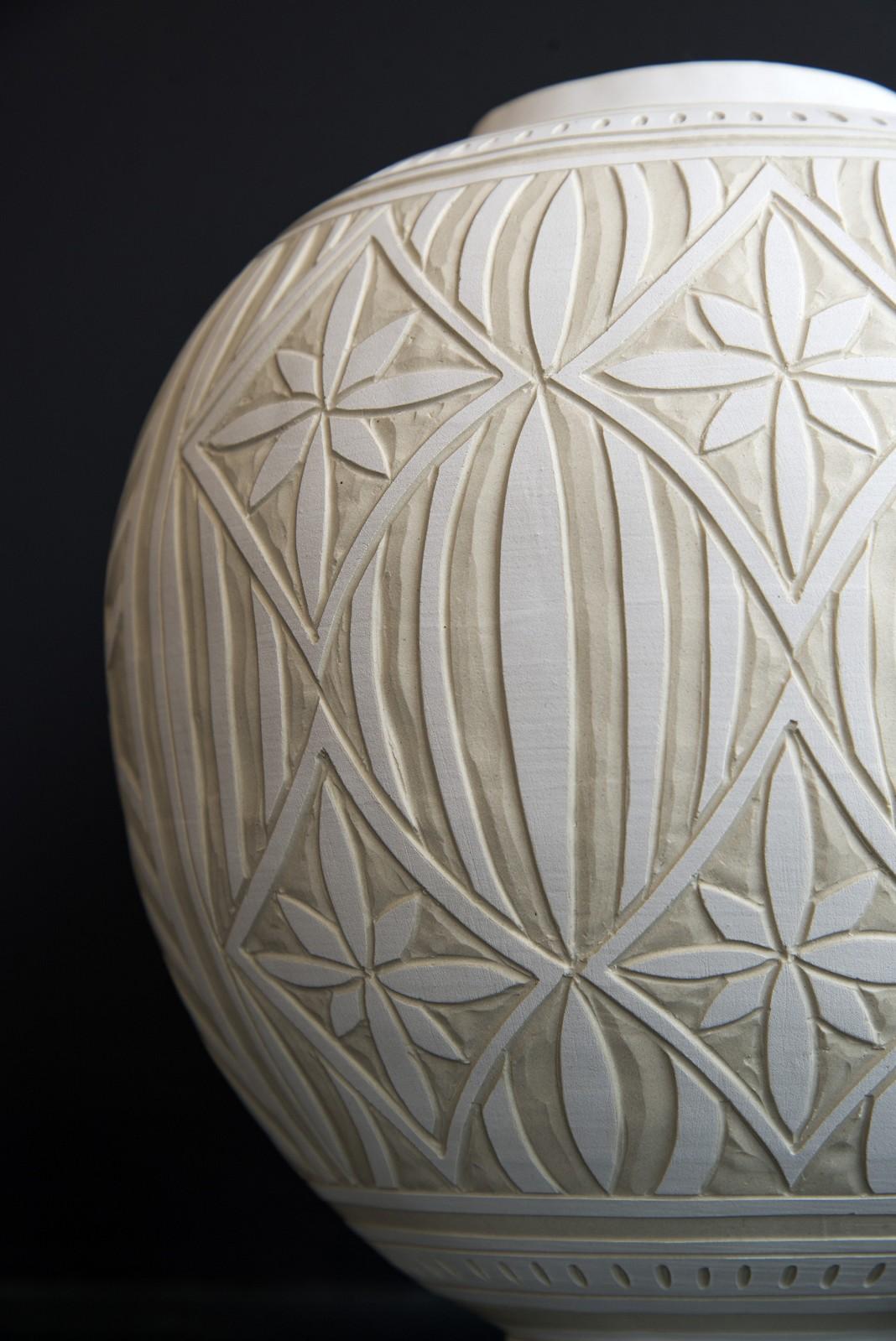 Medium Engraved Ginger Jar - decorative, detailed, handcrafted, porcelain vessel 1