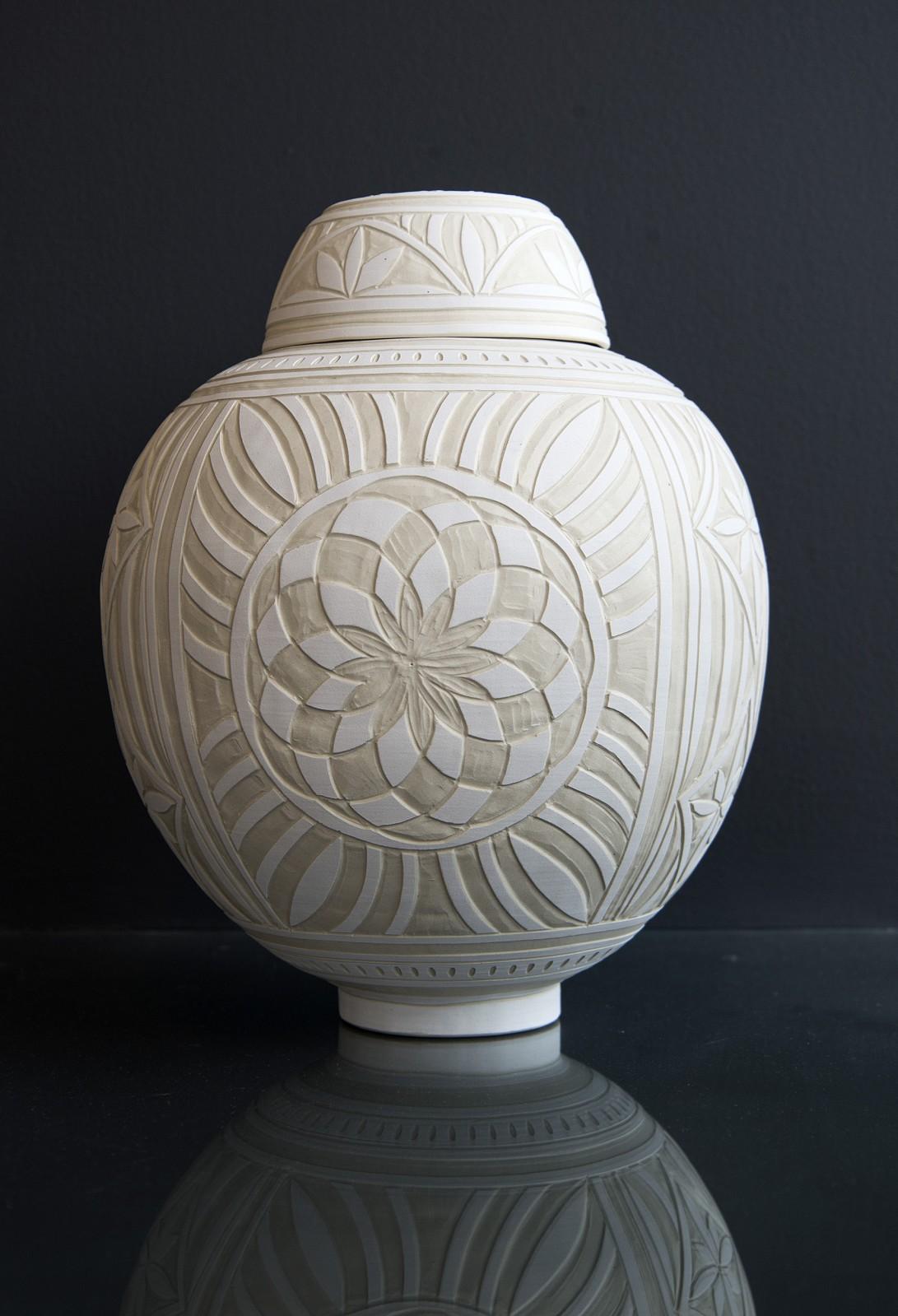 Loren Kaplan Abstract Sculpture - Medium Engraved Ginger Jar - decorative, detailed, handcrafted, porcelain vessel