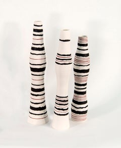 Striped Porcelain Totem Vessels - tall white, black, red, ceramic sculptures