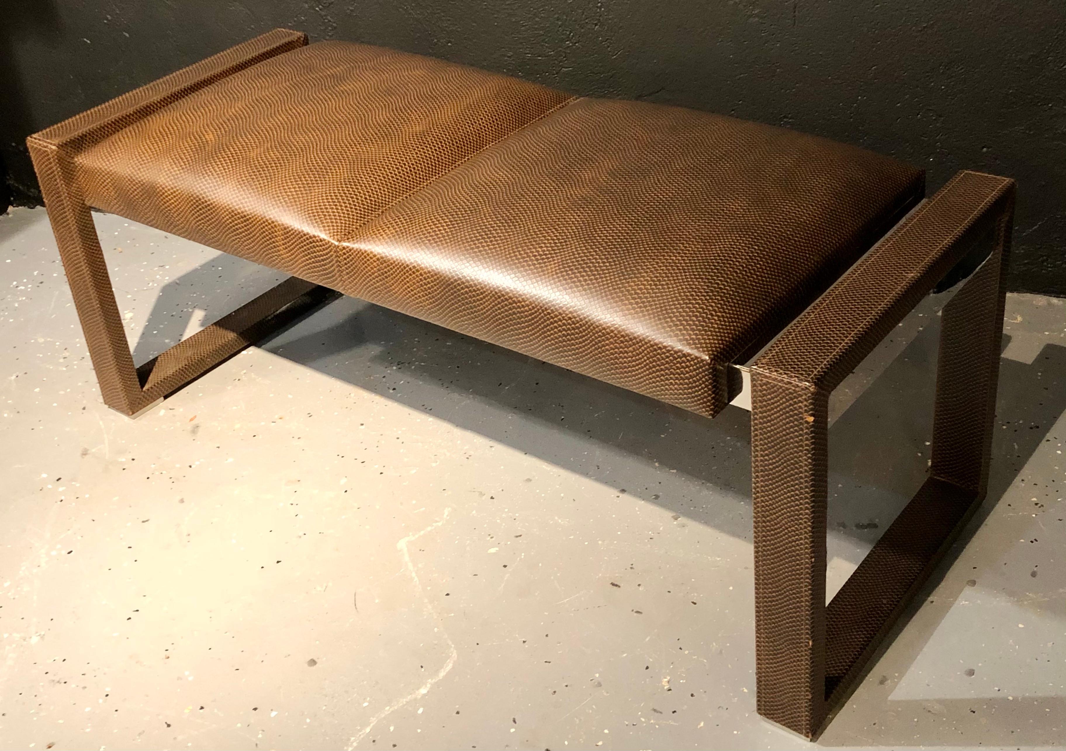 Contemporary Loren Marsh Design Bench Embossed Leather and Polished Stainless Steel For Sale