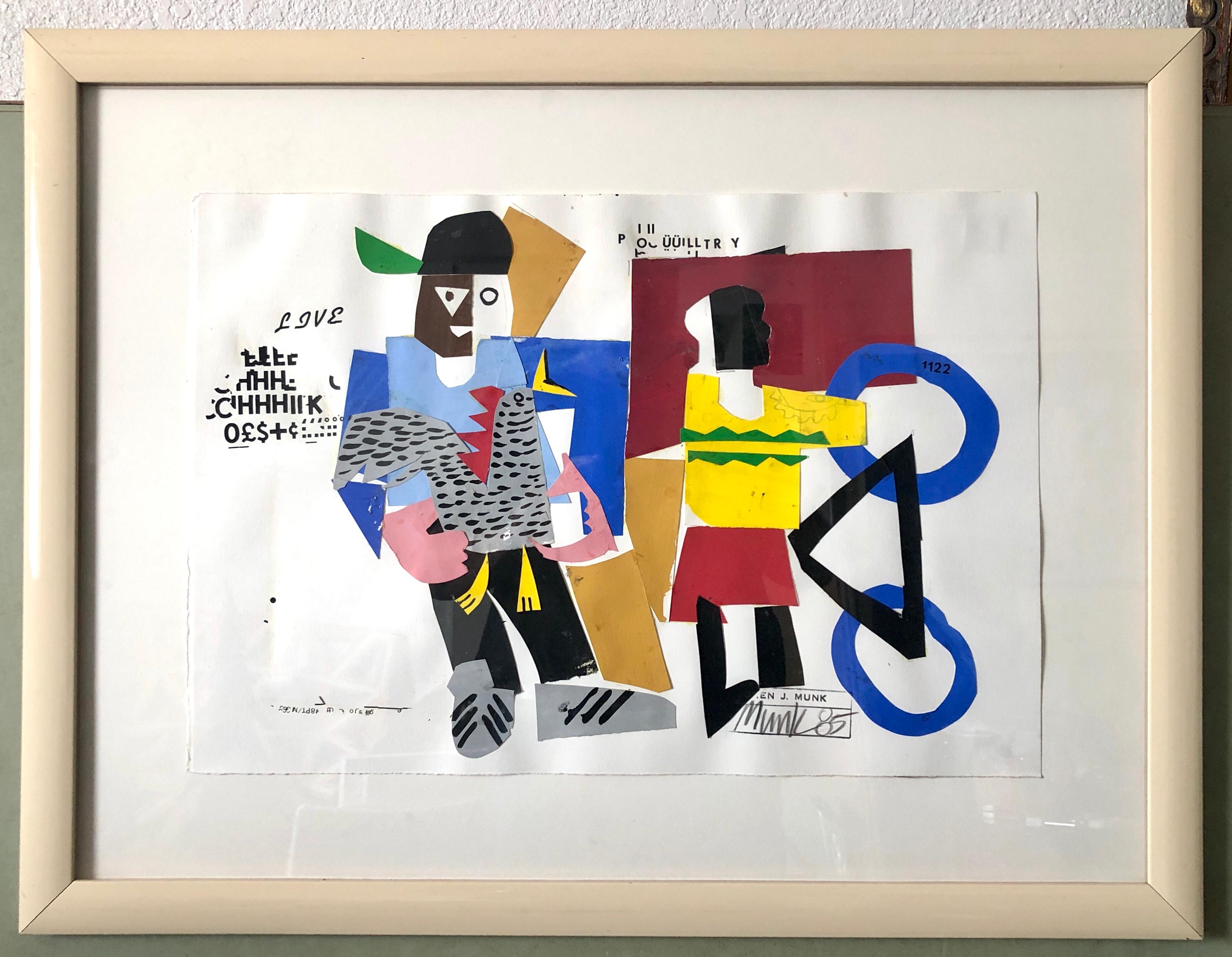 Pittura a collage neoespressionista a tecnica mista Bambini afroamericani, bicicletta NY