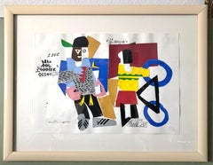 Técnica mixta Pintura collage neoexpresionista Niños afroamericanos, Bicicleta NY