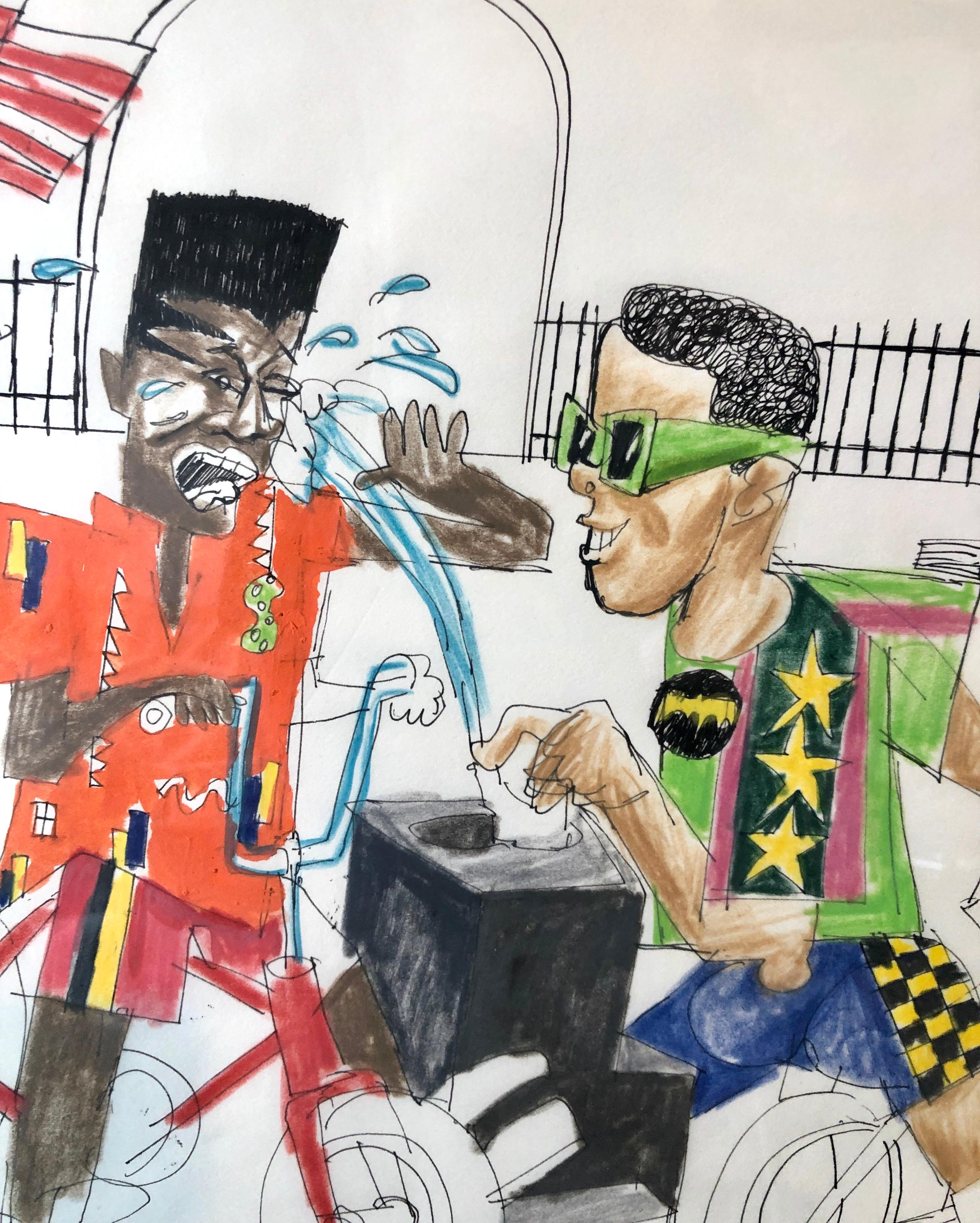 Pittura neoespressionista a tecnica mista Disegno di bambini afroamericani nel parco - Painting di Loren Munk