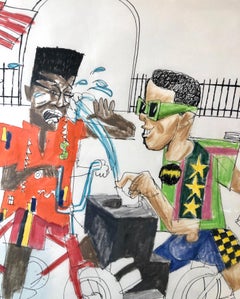 Mixed Media Neo Expressionist Painting Drawing African American Kids in Park