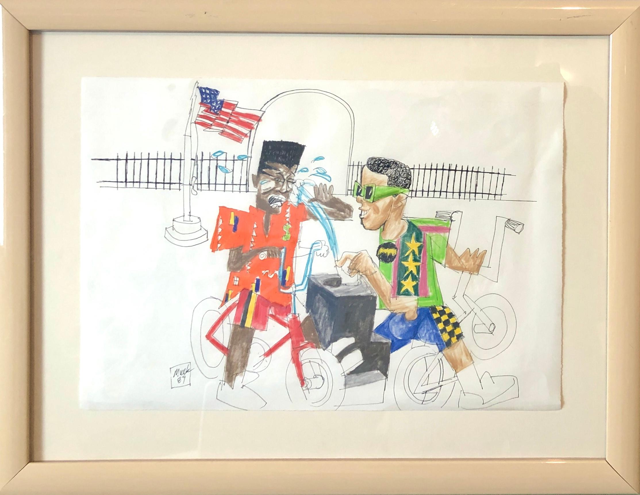 Pittura neoespressionista a tecnica mista Disegno di bambini afroamericani nel parco - Painting Neoespressionismo di Loren Munk