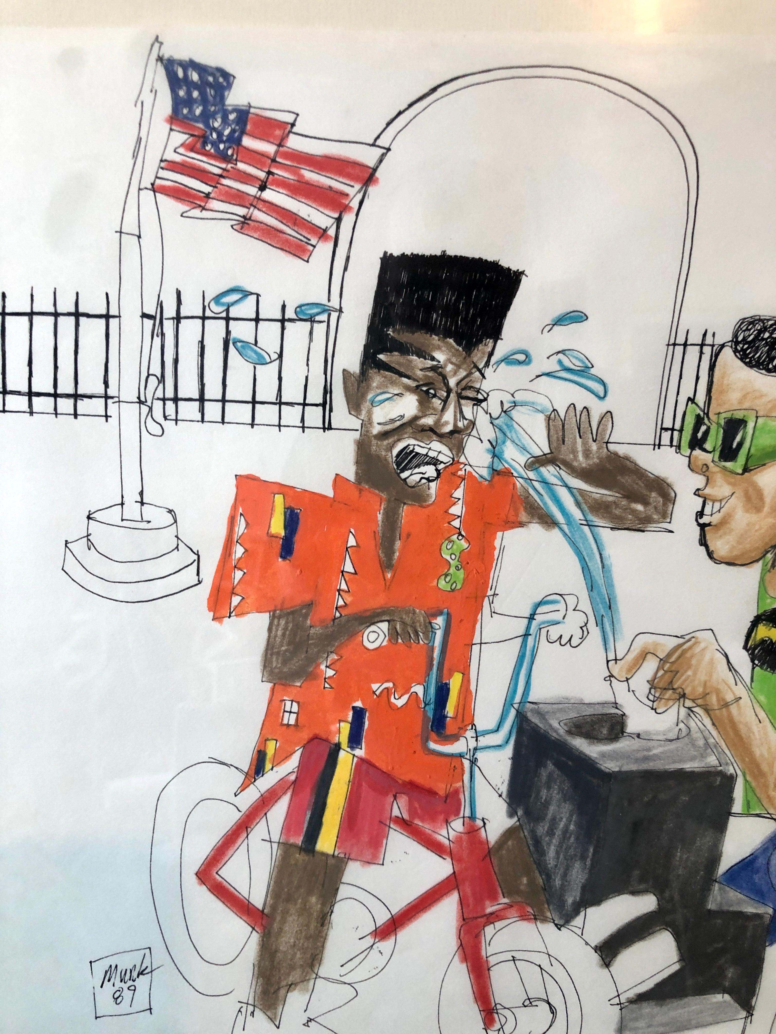 Pittura neoespressionista a tecnica mista Disegno di bambini afroamericani nel parco - Abstract Painting Grigio di Loren Munk
