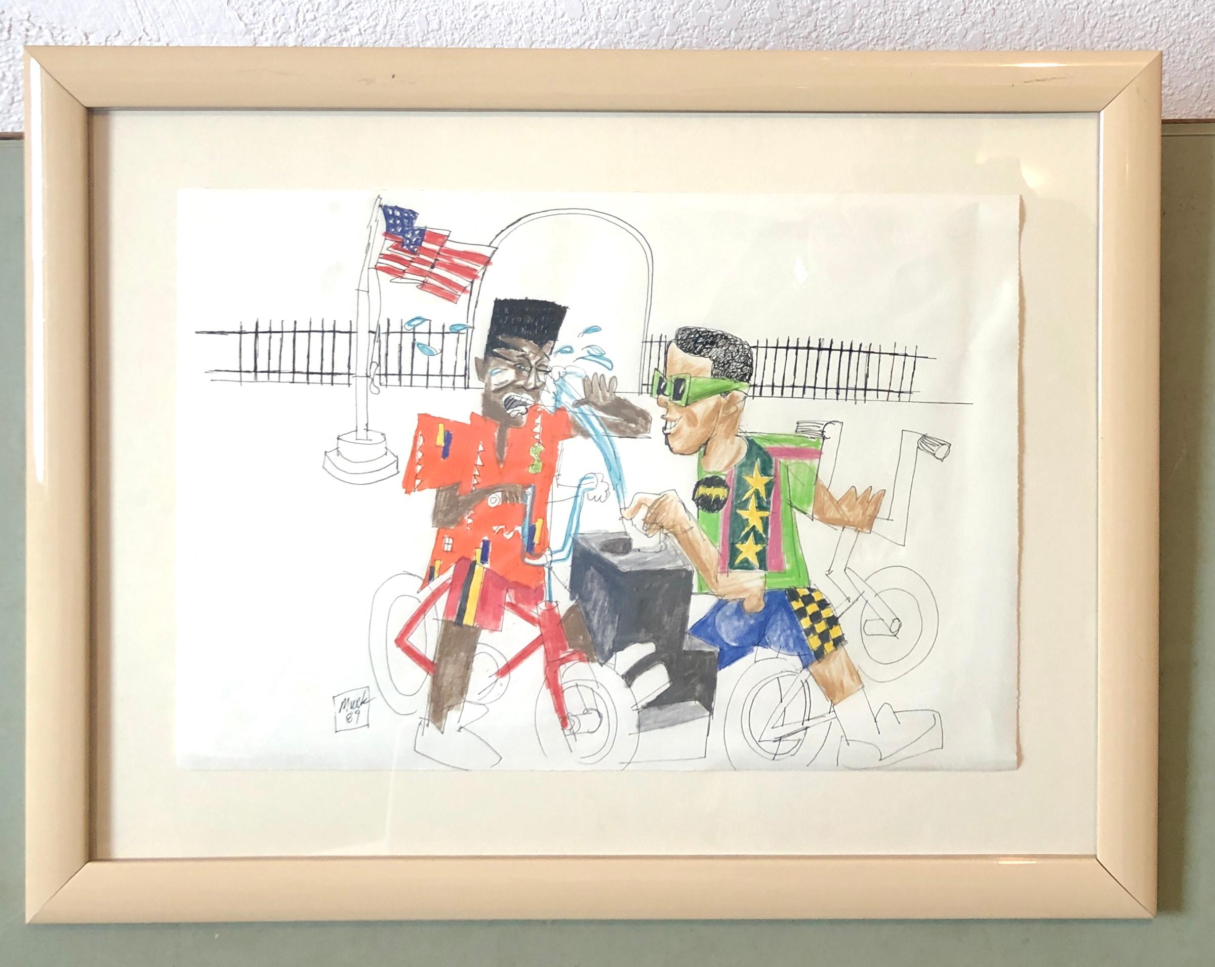 Peinture néo-expressionniste sur supports mélangés - Dessin d'enfants afro-américains dans un parc en vente 1