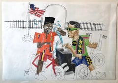 Vintage Mixed Media Neo Expressionist Painting Drawing African American Kids in Park