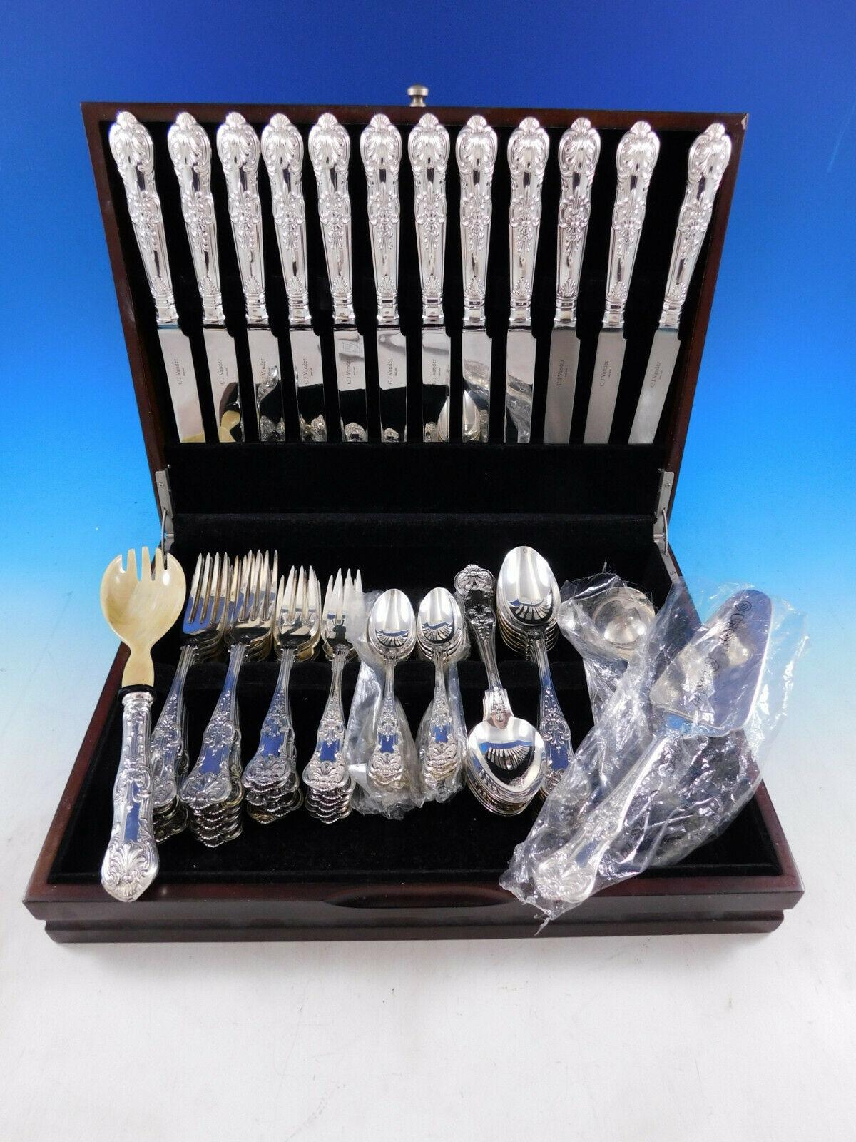 Lorena by Cassetti - Italy silver flatware set - 63 pieces (including the CJ Vander Dinner knives). This pattern features a Classic shell motif. The pieces are large & heavy. This set includes:
12 dinner size knives by CJ Vander, 10