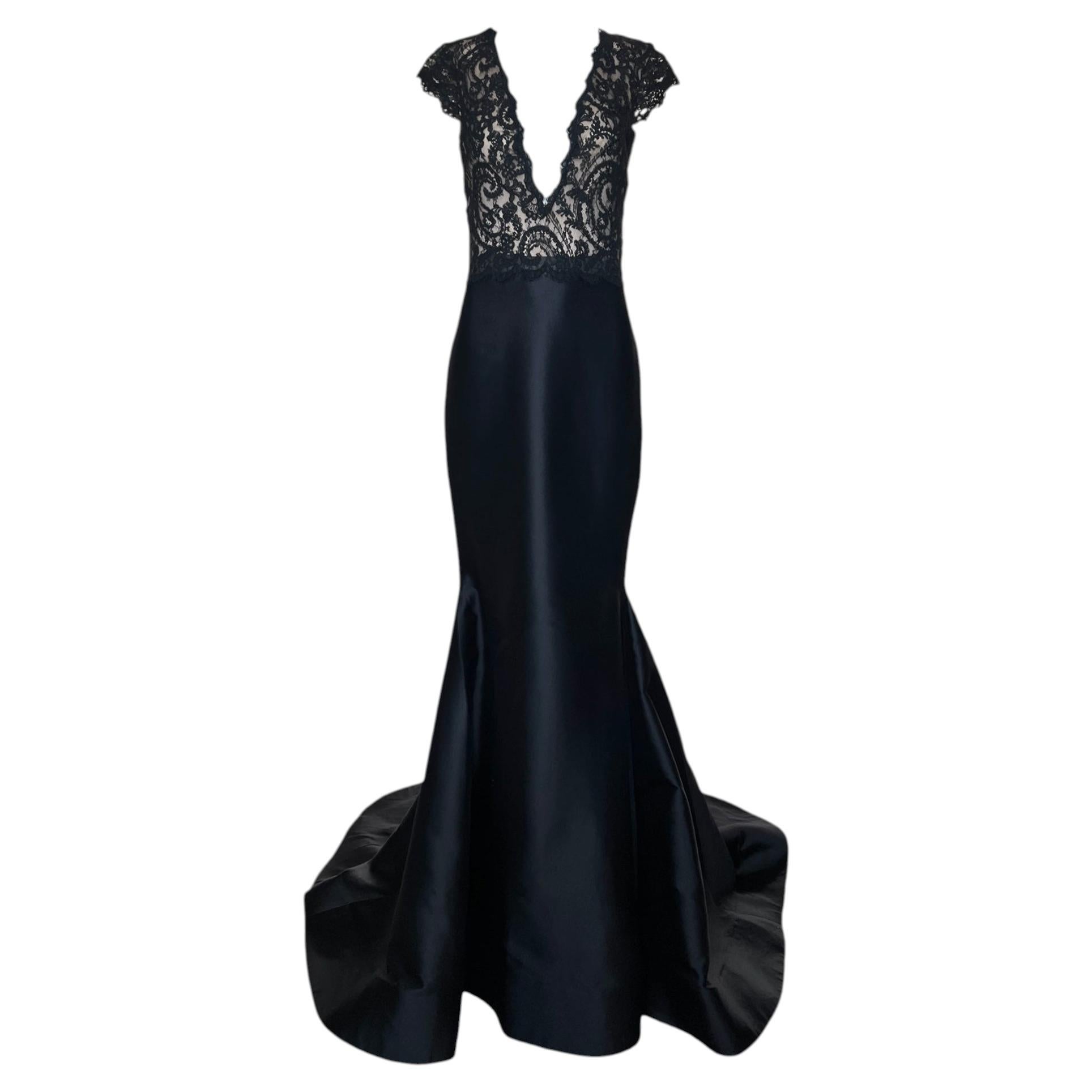 Lorena Sarbu 2000's Black Lacey Plunging Neckline Gown with Train For Sale