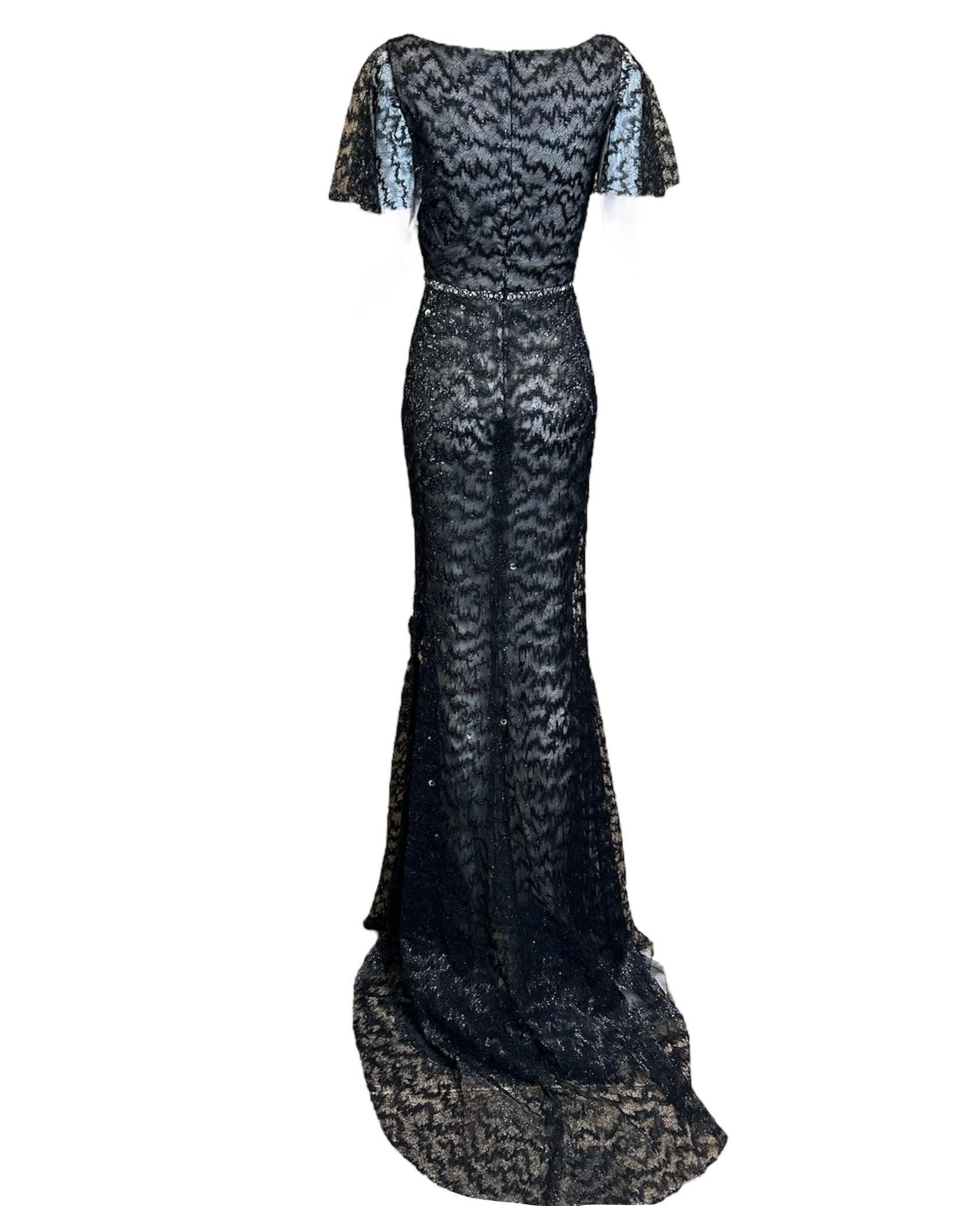 Lorena Sarbu Black Metallic Lace Flutter Sleeve Gown (robe à manches volantes en dentelle métallisée) Neuf - En vente à Los Angeles, CA