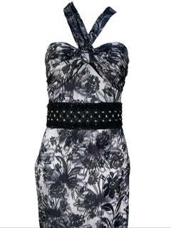 Lorena Sarbu Black & White Warped Floral Silk Halter Neck Gown, 2000s