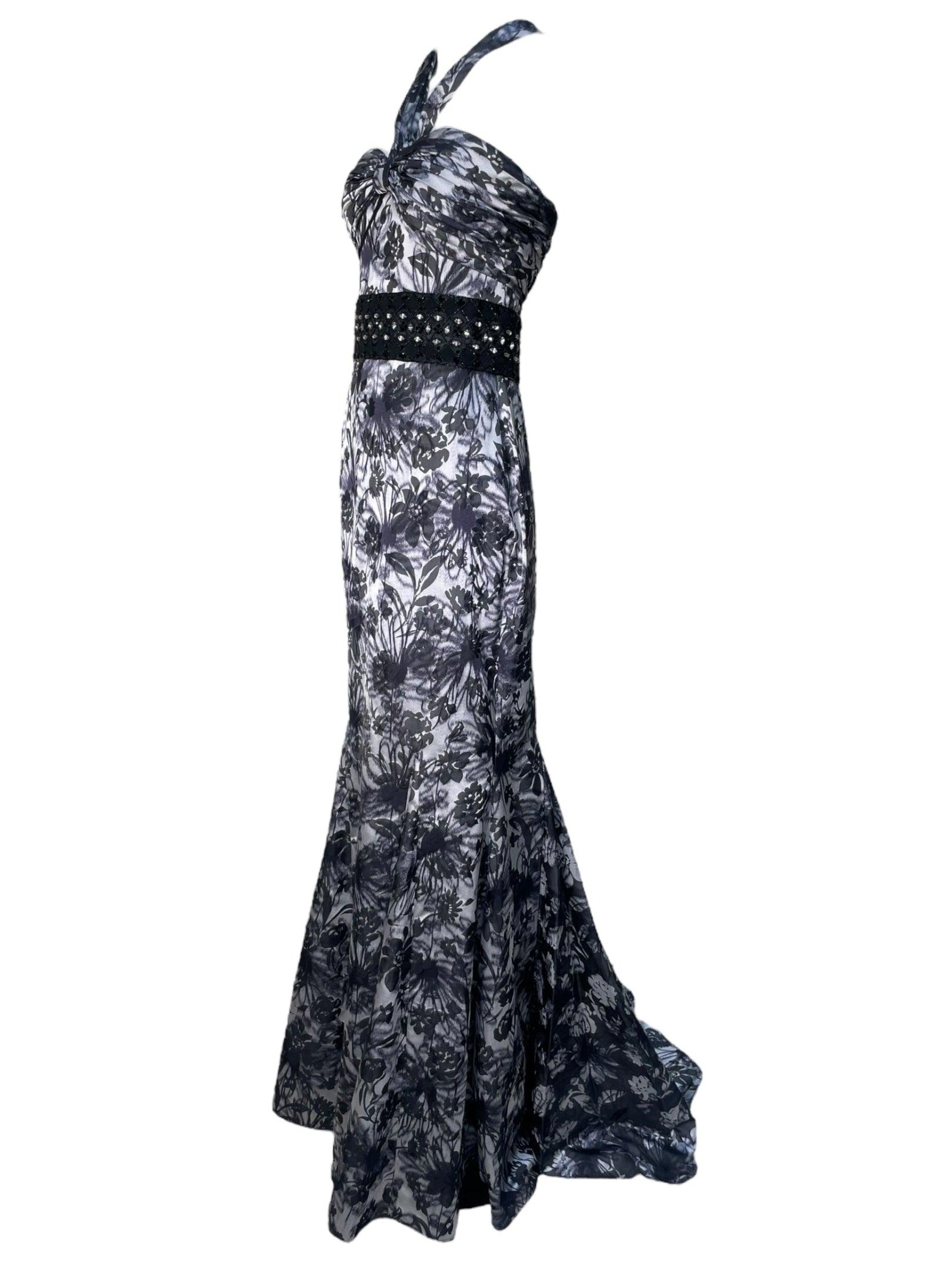Lorena Sarbu Black & White Warped Floral Silk Halter Neck Gown, 2000s In New Condition For Sale In Los Angeles, CA