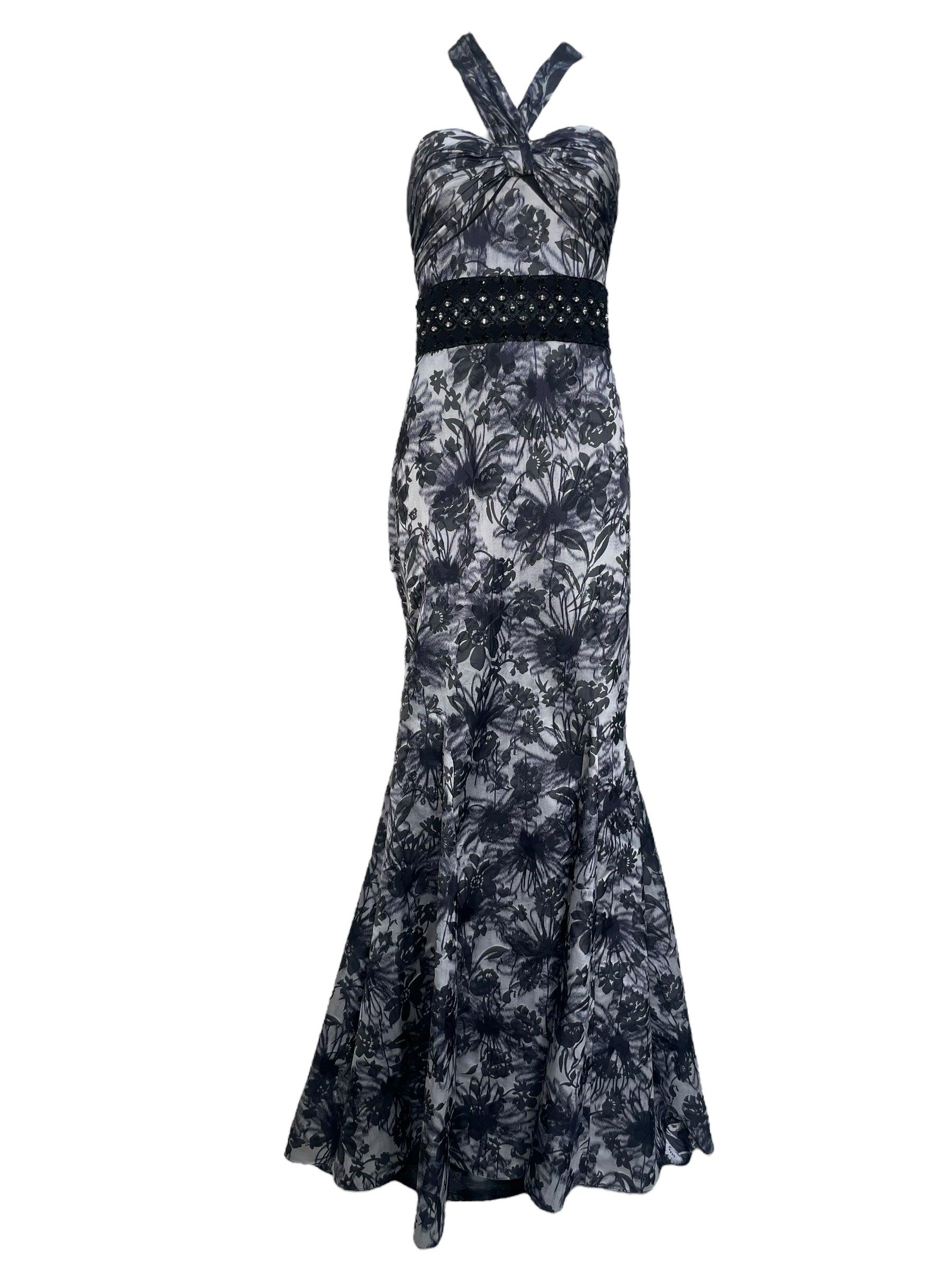 Lorena Sarbu Black & White Warped Floral Silk Halter Neck Gown, 2000s For Sale