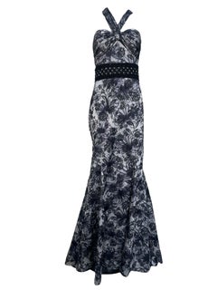 Lorena Sarbu Black & White Warped Floral Silk Halter Neck Gown, 2000s