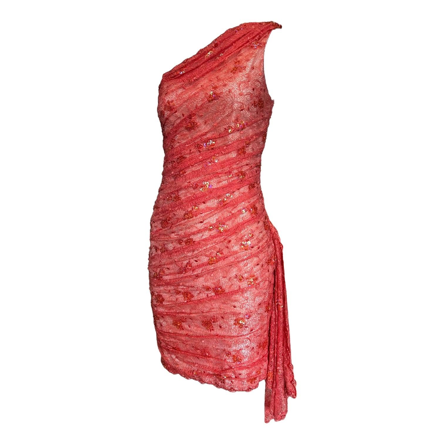 Lorena Sarbu Koralle Verschönertes Ein-Schulter-Minikleid, 2010s (Orange) im Angebot