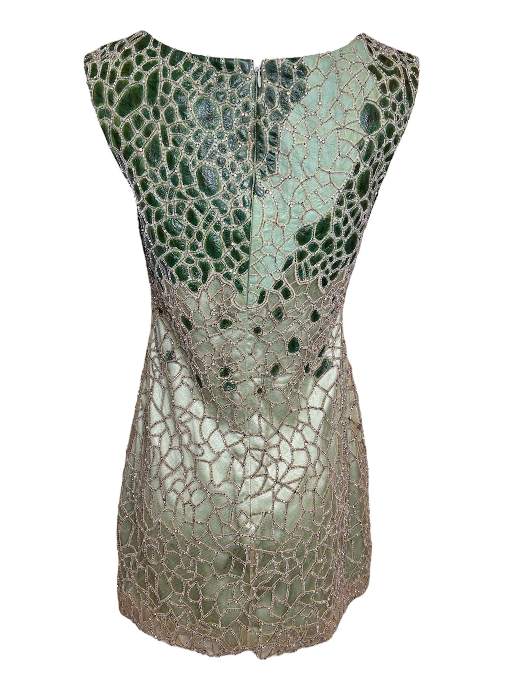 Gray Lorena Sarbu Green Leather and Silk Beaded Mini Dress For Sale