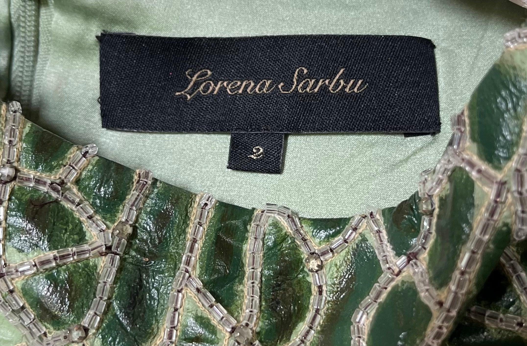 Lorena Sarbu Green Leather and Silk Beaded Mini Dress In New Condition For Sale In Los Angeles, CA