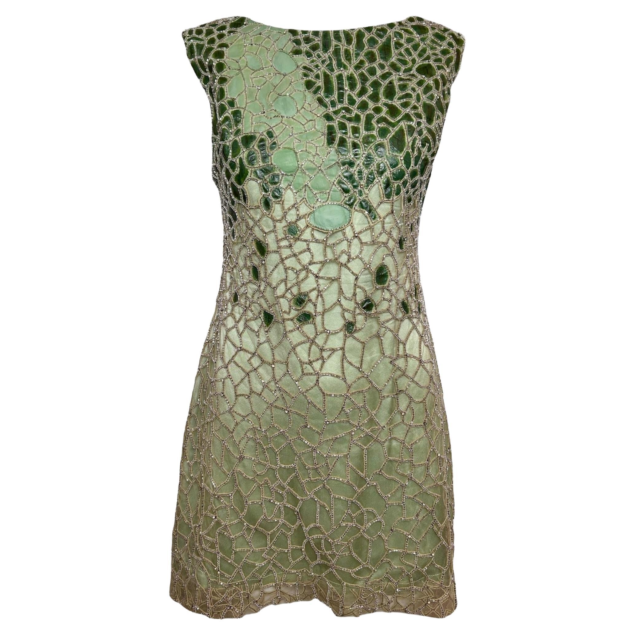 Lorena Sarbu Green Leather and Silk Beaded Mini Dress For Sale