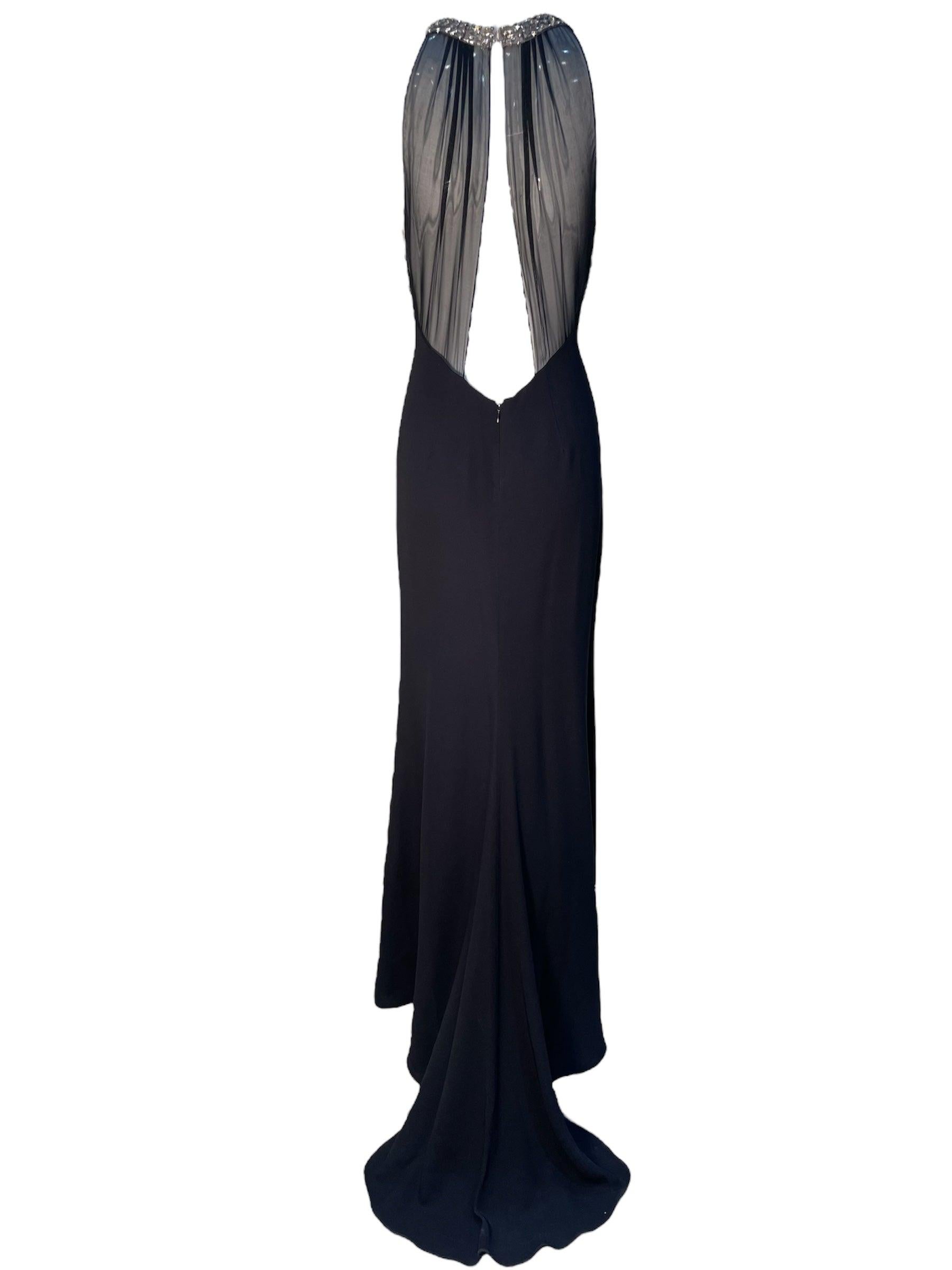 Black Lorena Sarbu Rhinestone High Neck Gown with Dramatic Front Slit, 2000s For Sale