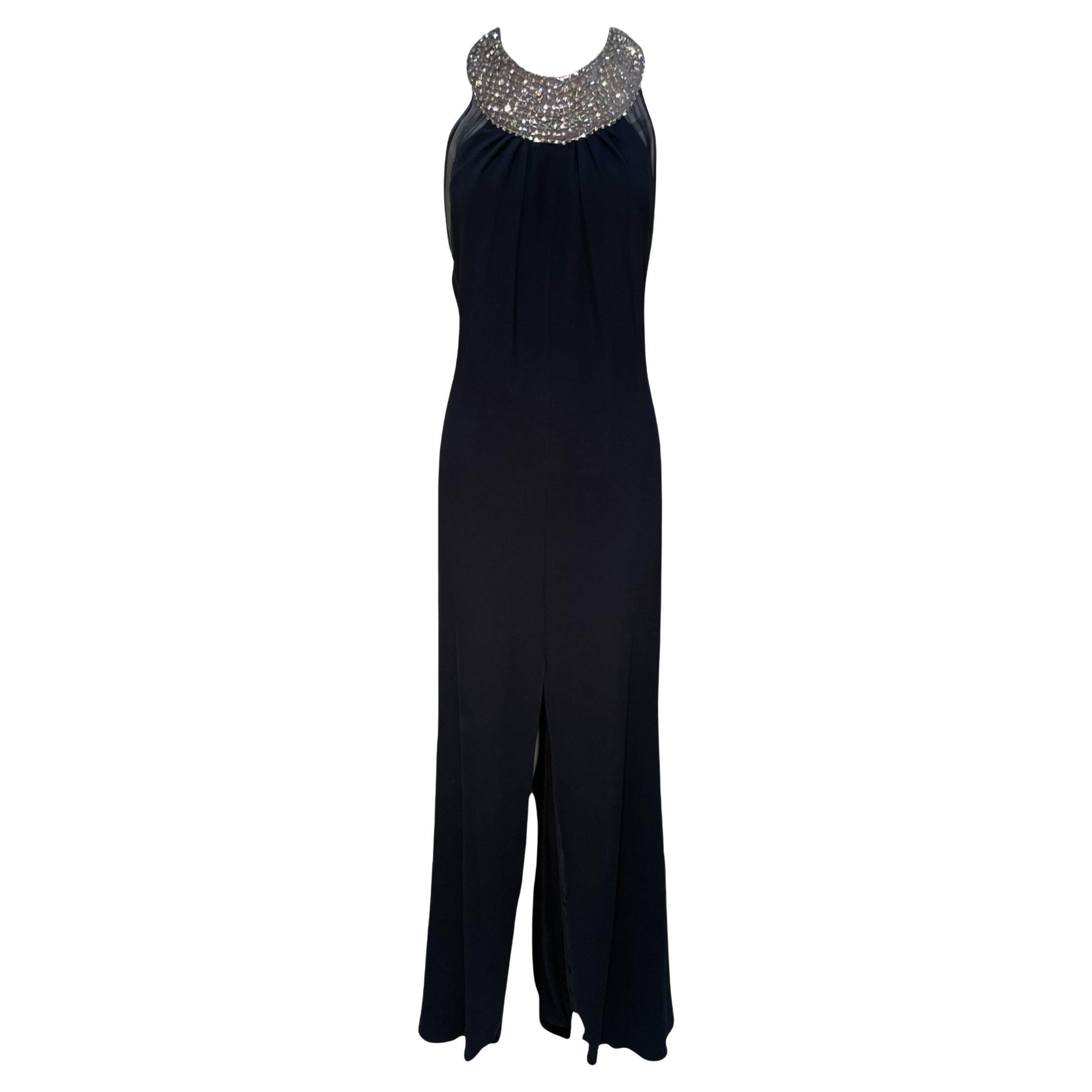Lorena Sarbu Rhinestone High Neck Gown with Dramatic Front Slit, 2000s For Sale