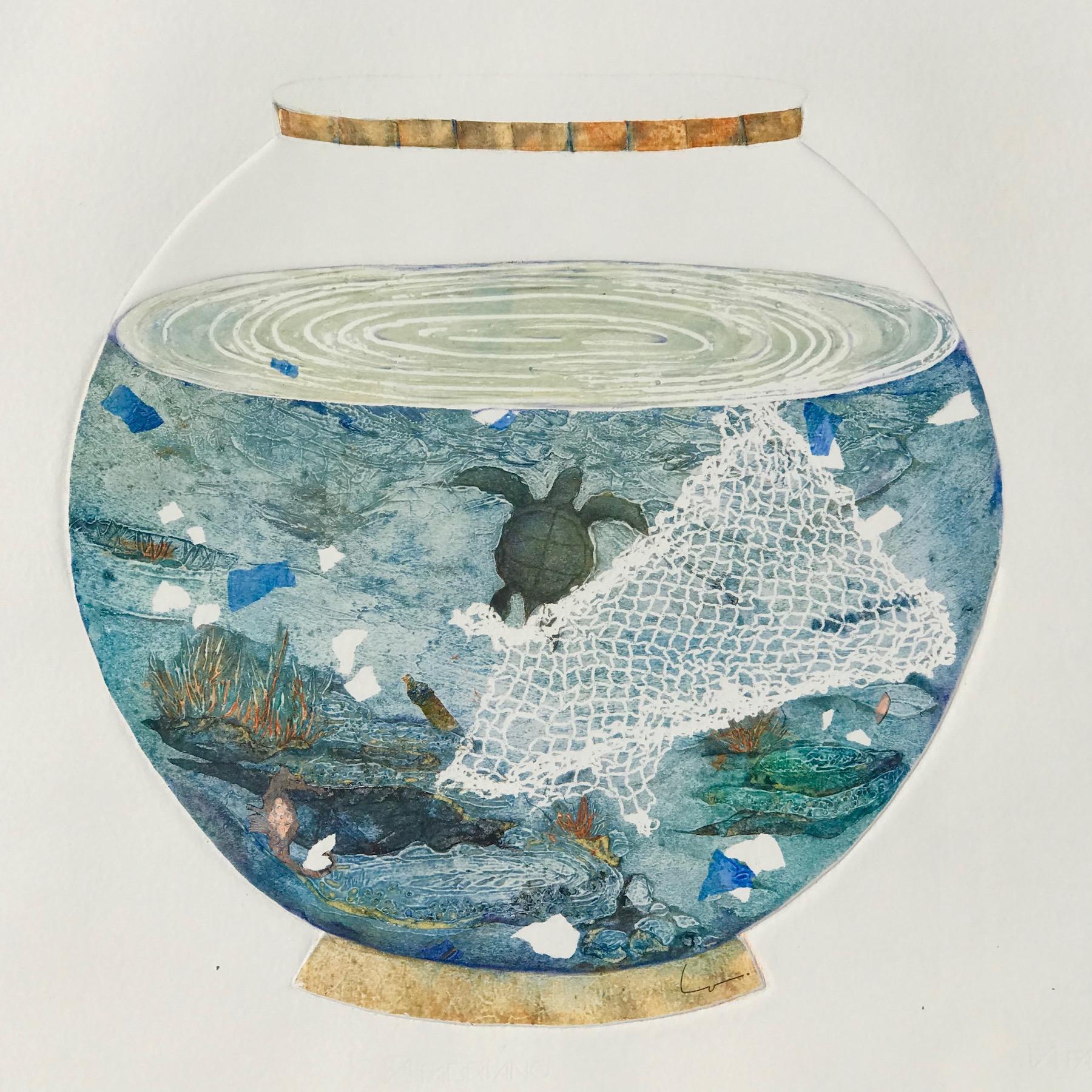 Ocean Through the Lens of a Fishbowl; Turtle & Net - Mixed Media Art by Lorena Villalobos