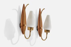 Lorentzons, Wall Lights, Brass, Teak, Glass, Sweden, 1950s