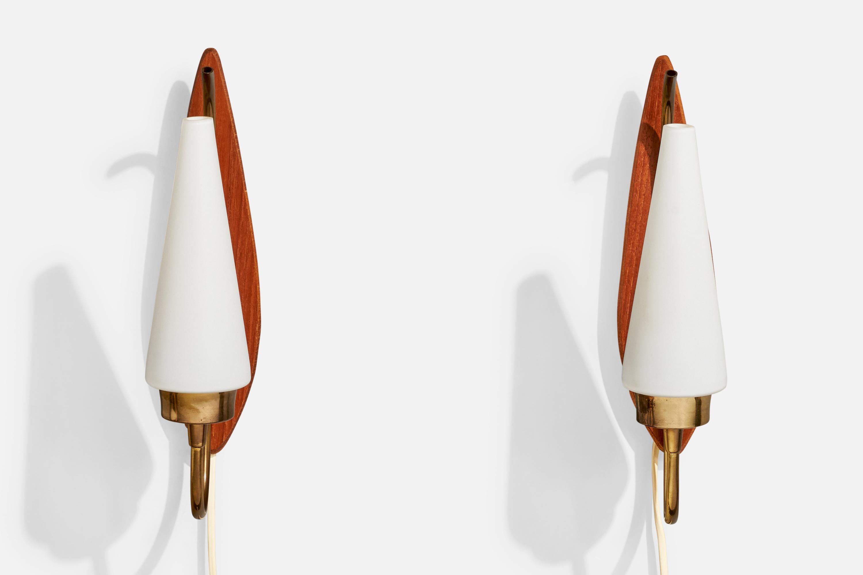 Swedish Lorentzons, Wall Lights, Brass, Teak, Glass, Sweden, 1950s For Sale