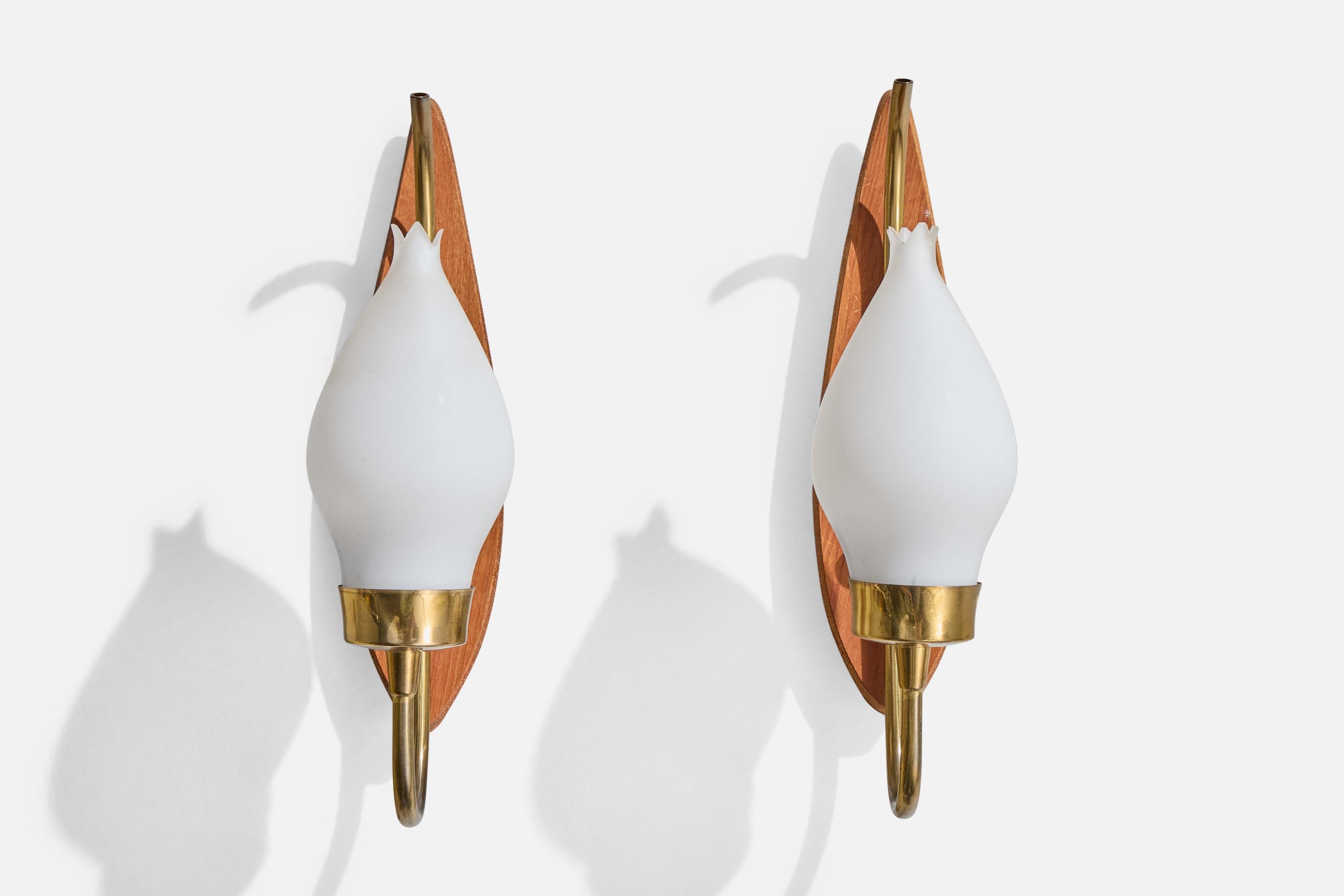 Mid-Century Modern Lorentzons, Wall Lights, Brass, Teak, Glass, Sweden, 1950s For Sale