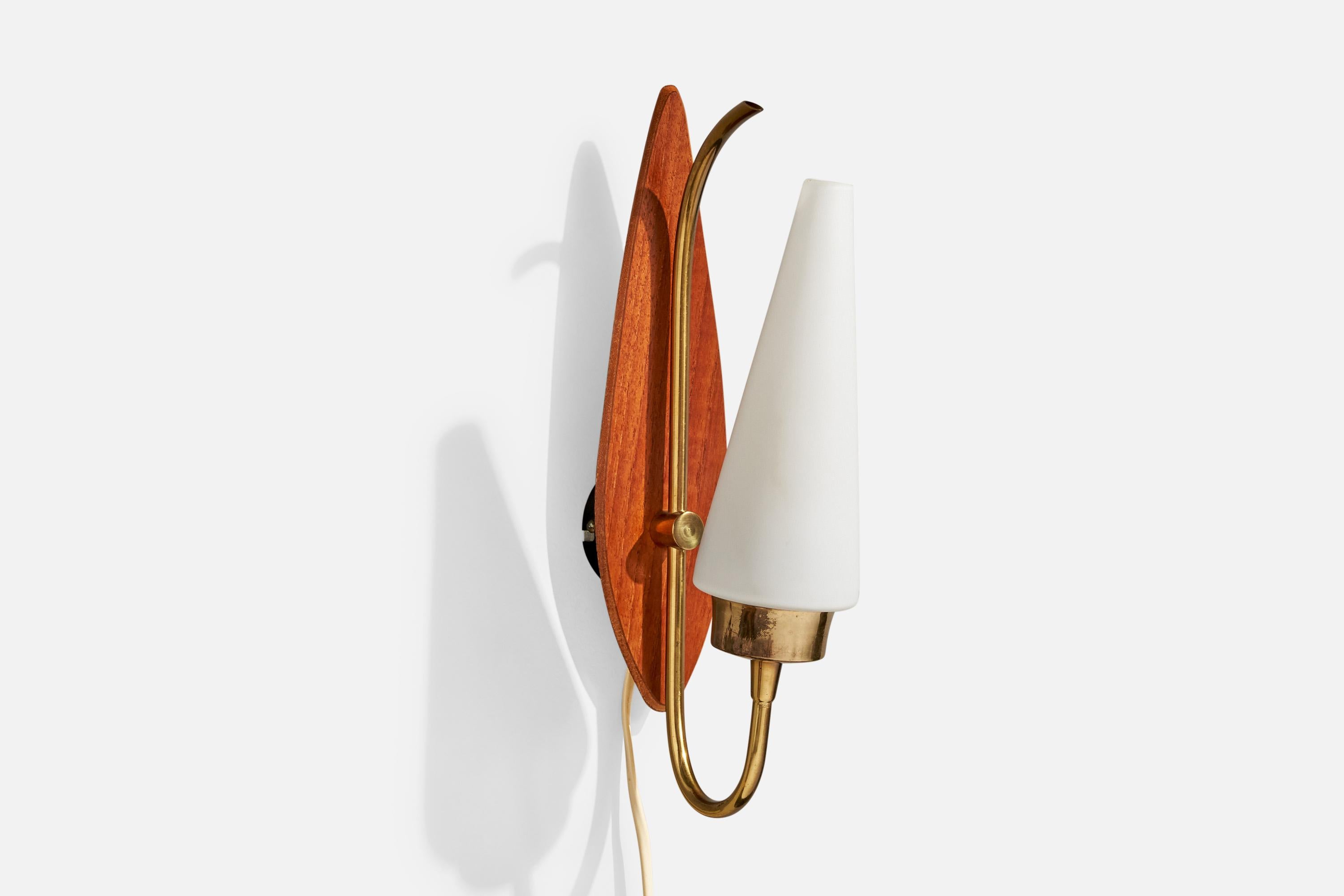 Lorentzons, Wall Lights, Brass, Teak, Glass, Sweden, 1950s In Good Condition For Sale In High Point, NC