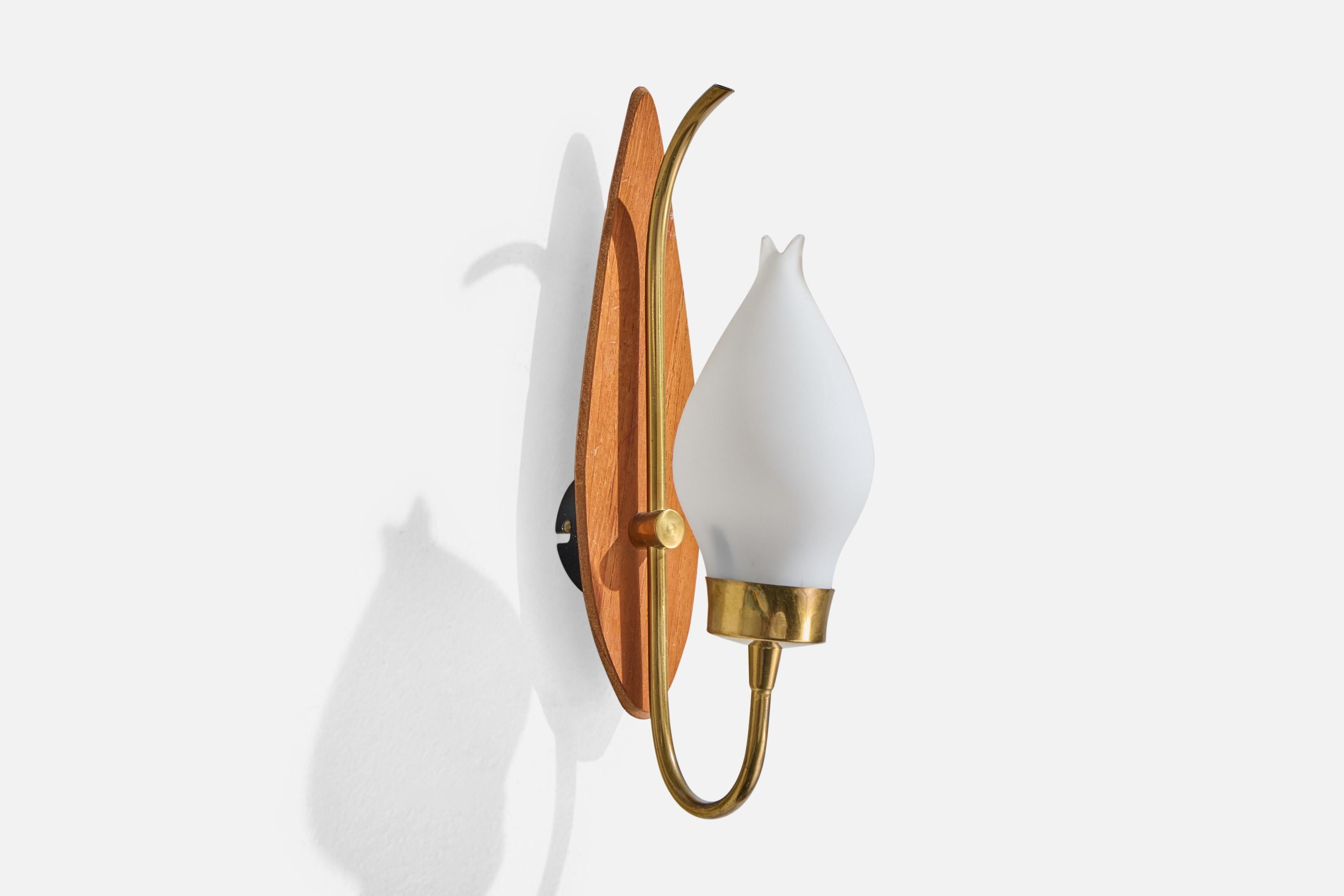Swedish Lorentzons, Wall Lights, Brass, Teak, Glass, Sweden, 1950s For Sale