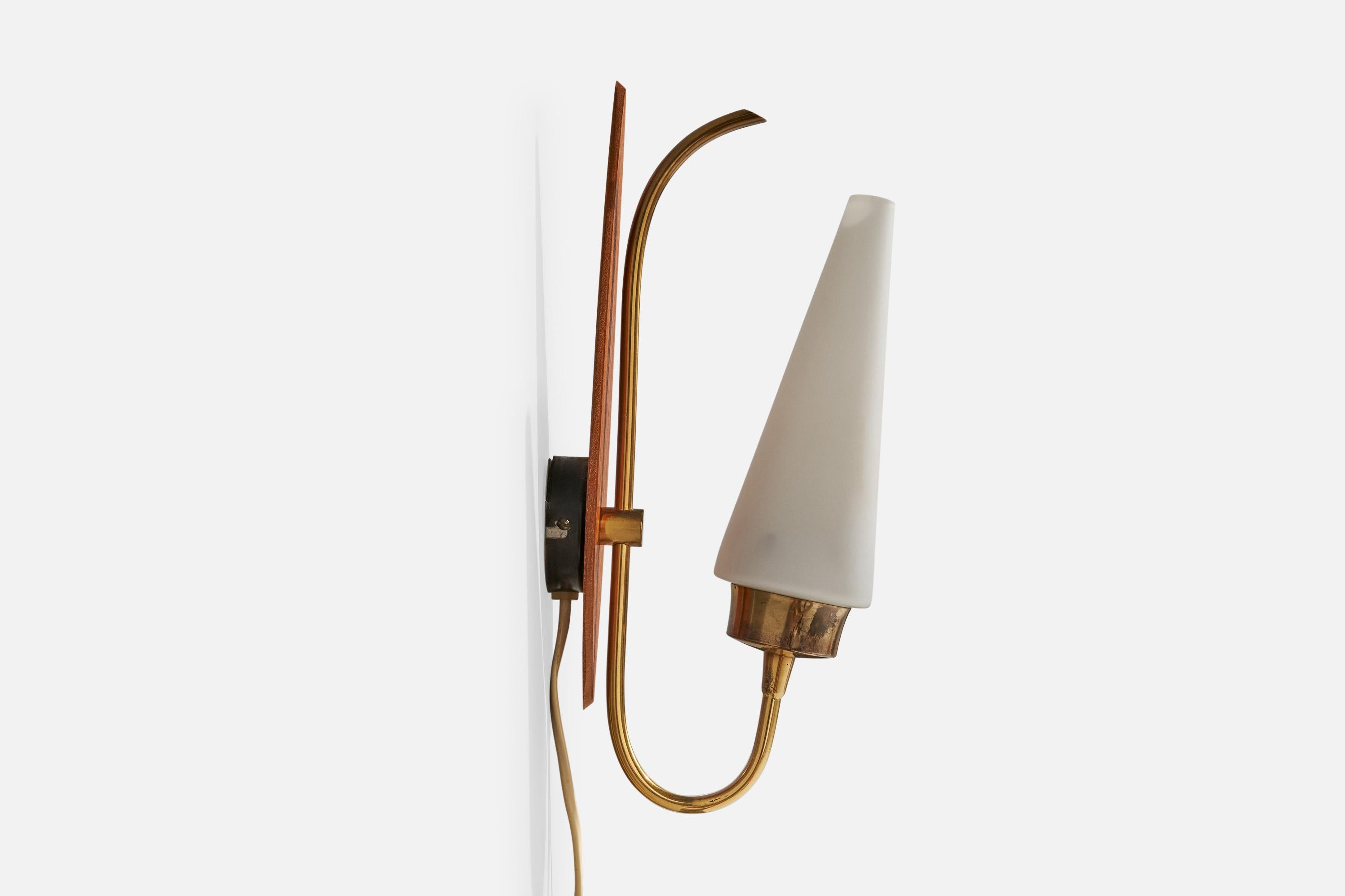 Mid-20th Century Lorentzons, Wall Lights, Brass, Teak, Glass, Sweden, 1950s For Sale
