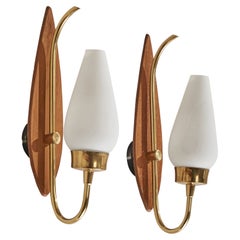 Lorentzons, Wall Lights, Brass, Teak, Glass, Sweden, 1950s