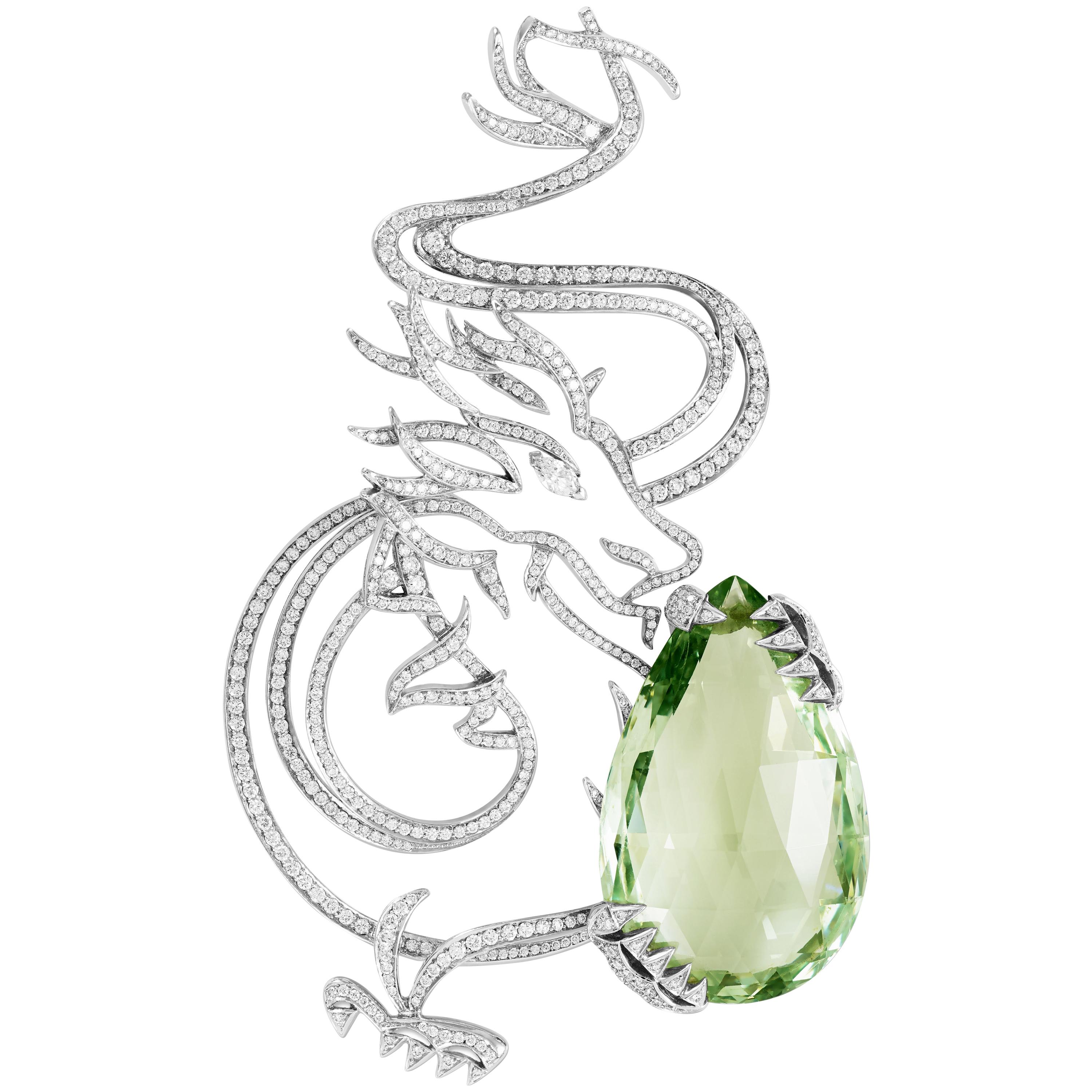 Lorenz Bäumer 55 Carat Green Beryl Diamonds Dragon Brooch For Sale