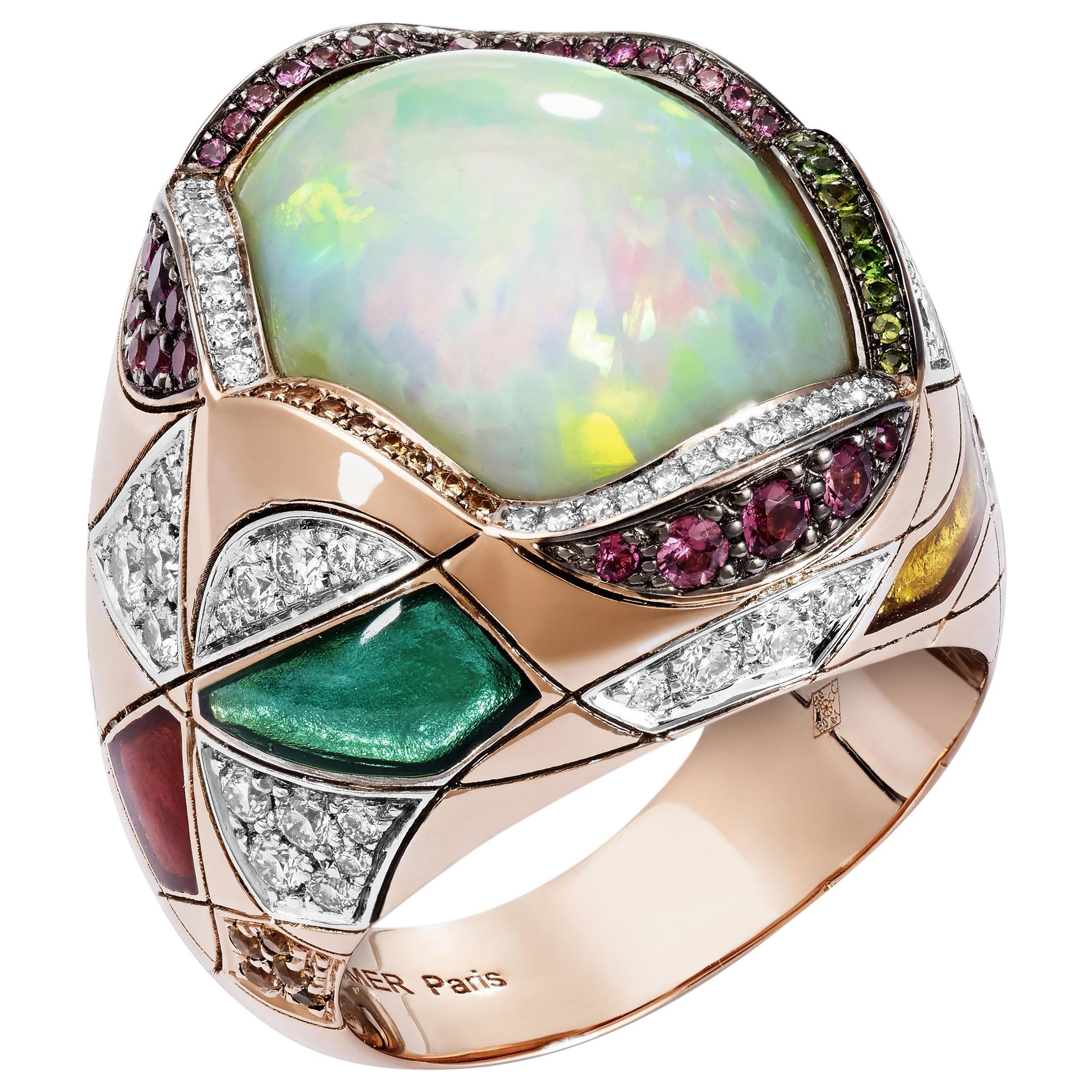 Lorenz Bäumer 9 Carat White Opal Sapphires Diamonds Pink Gold Cocktail Ring For Sale