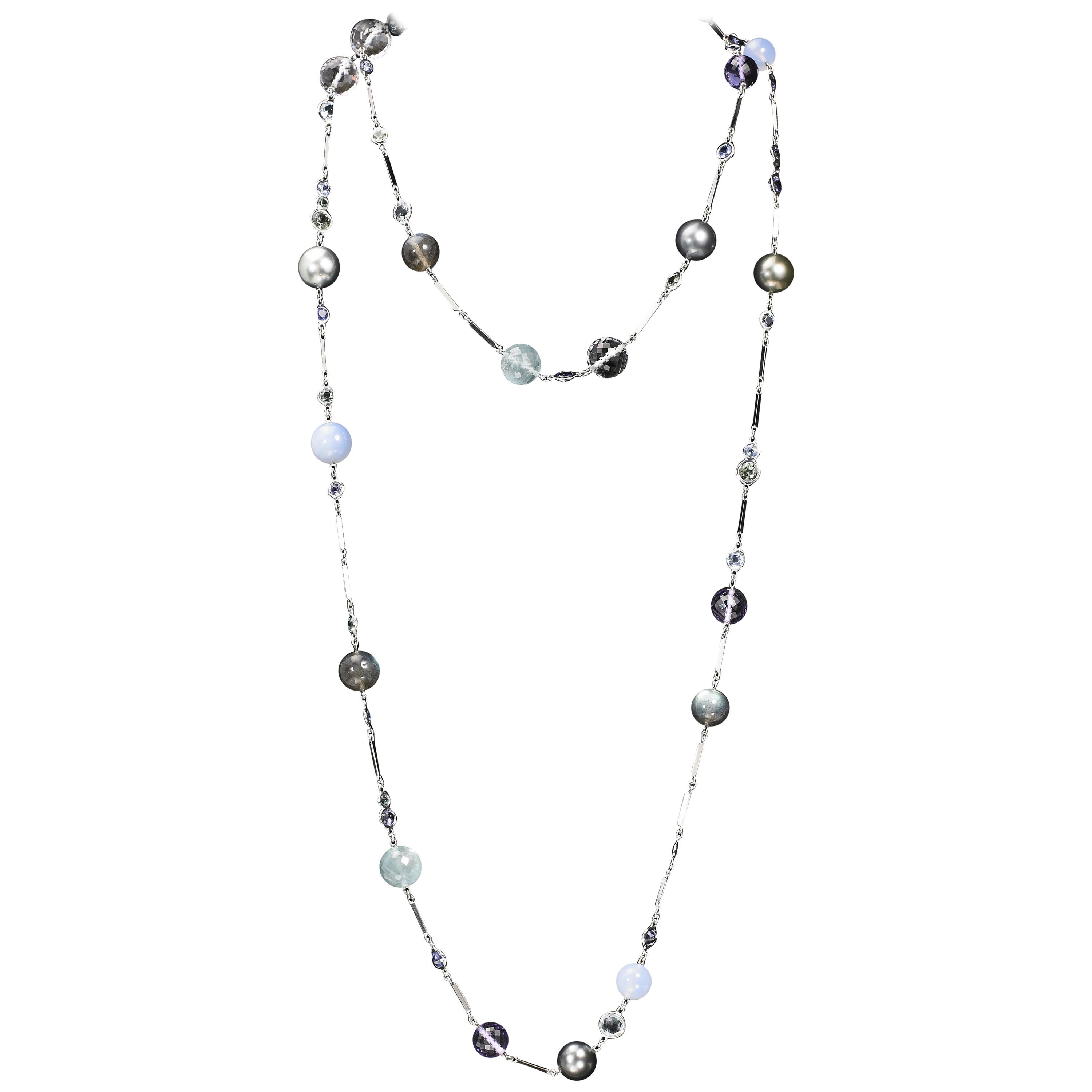 Lorenz Bäumer Pearls and Semi Precious Stones Beads Aqua Long Necklace For Sale