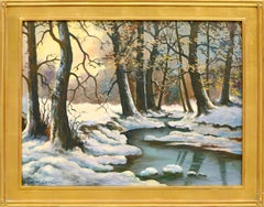 « Un ruisseau en hiver – Virginie » Signé 1960. Paysage à l'huile sur Masonite