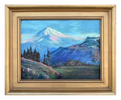 Paesaggio del Monte Shasta dei primi del Novecento in olio su tavola da illustrazione