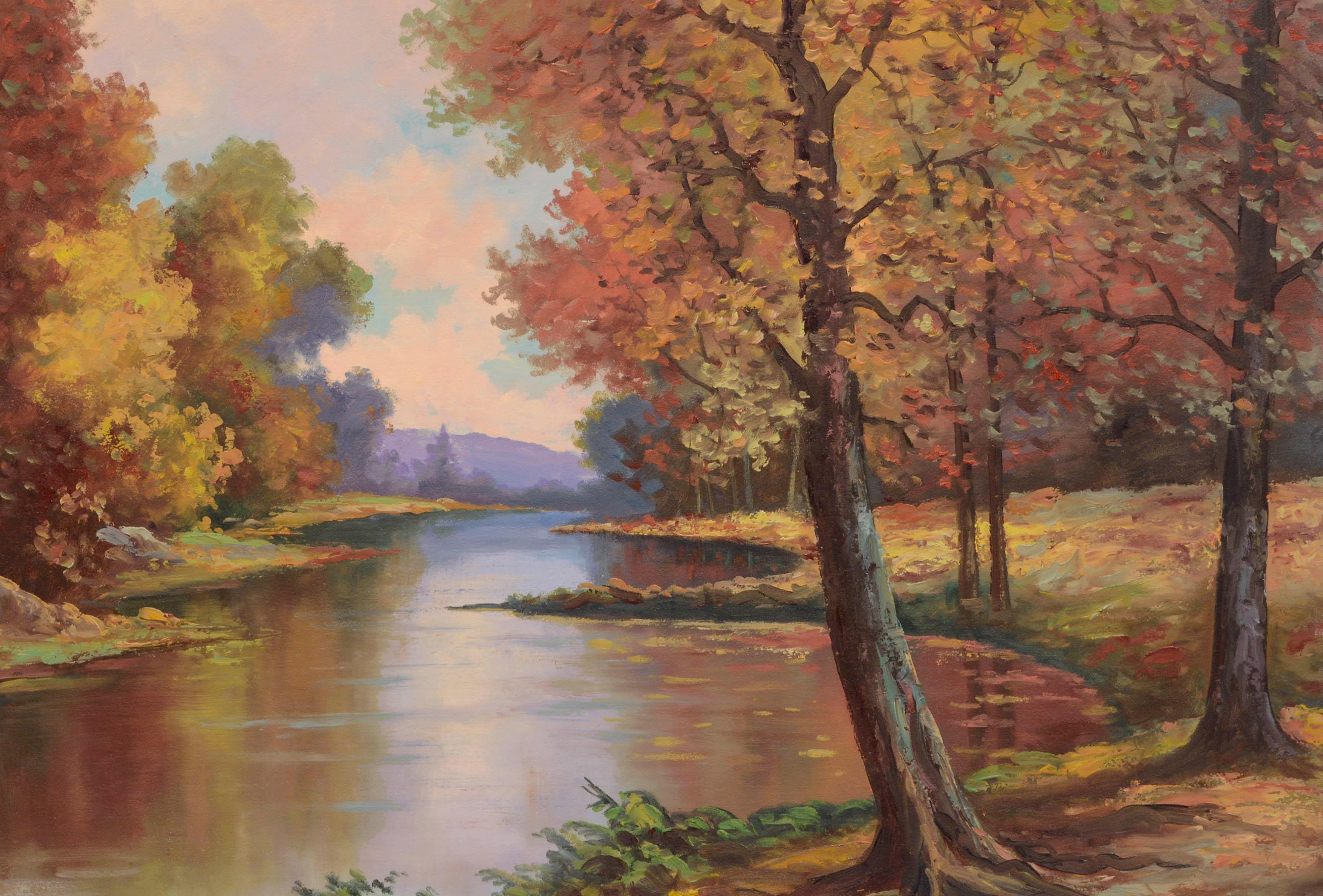 Mid Century Autumn Reflections Oil Paint Landscape  - Painting by Lorenz E. Griffith