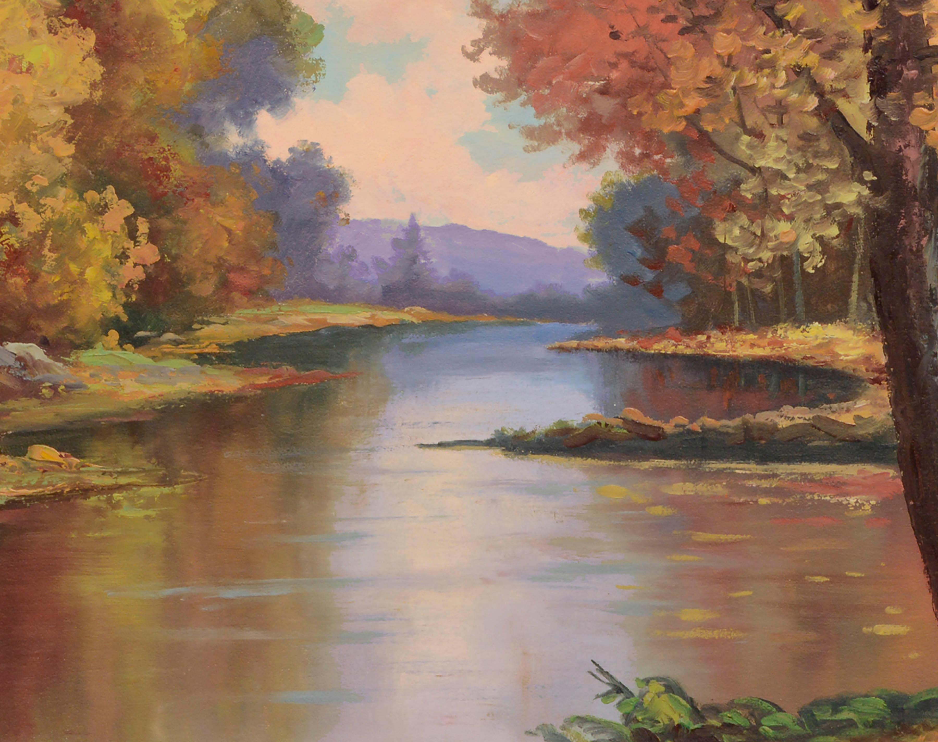 Mid Century Autumn Reflections lgemlde Landschaft  (Amerikanischer Impressionismus), Painting, von Lorenz E. Griffith