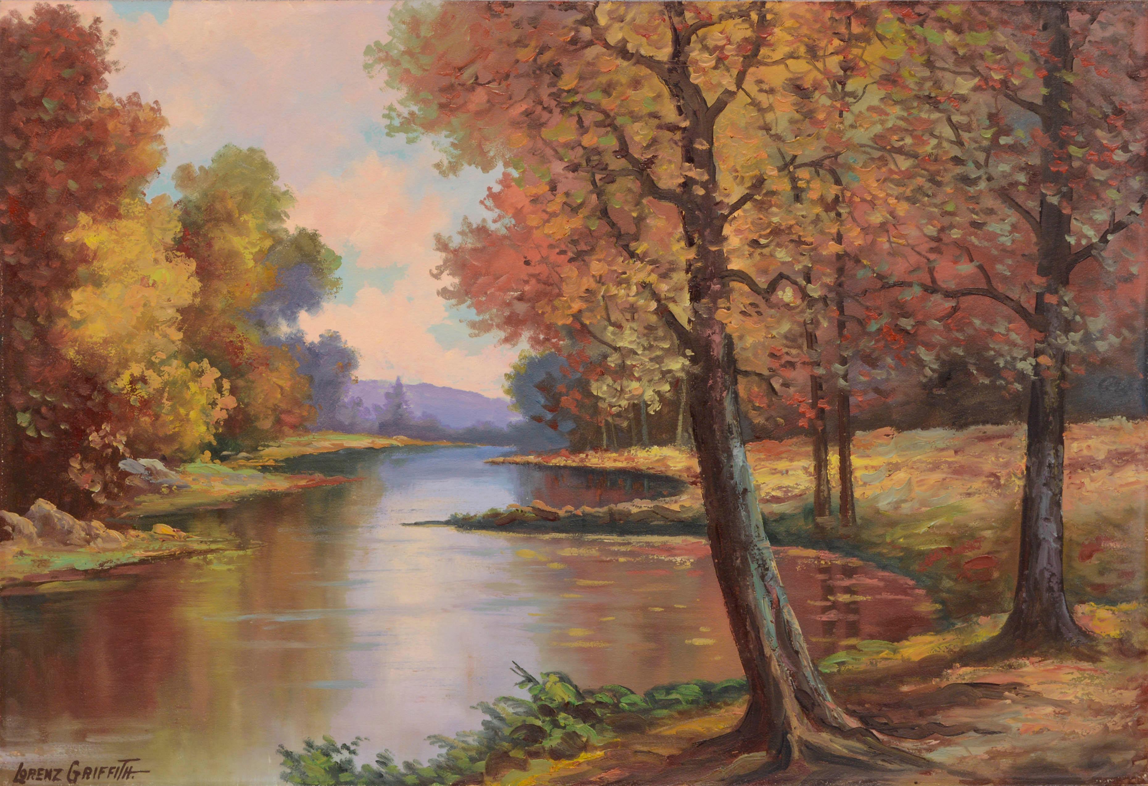 Landscape Painting de Lorenz E. Griffith - Paisaje al óleo Reflejos otoñales de mediados de siglo