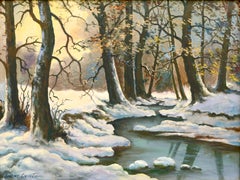 Winter Stream lgemlde-Landschaft aus der Mitte des Jahrhunderts
