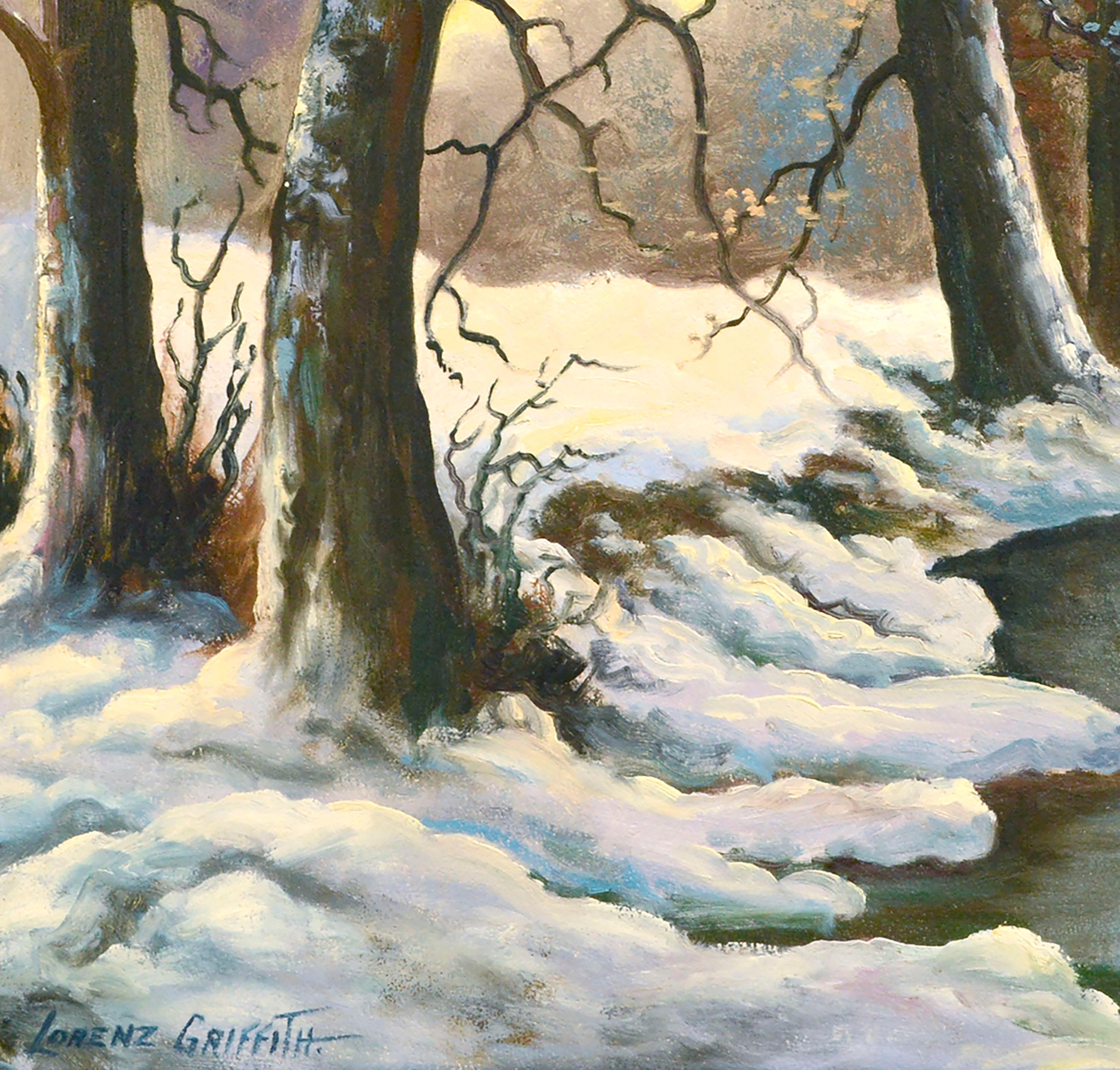 Friedliche Winterlandschaft mit einem ruhigen Bach, der sich durch einen verschneiten Wald schlängelt, von Lorenz Griffith (Amerikaner, 1889-1968). Signiert 