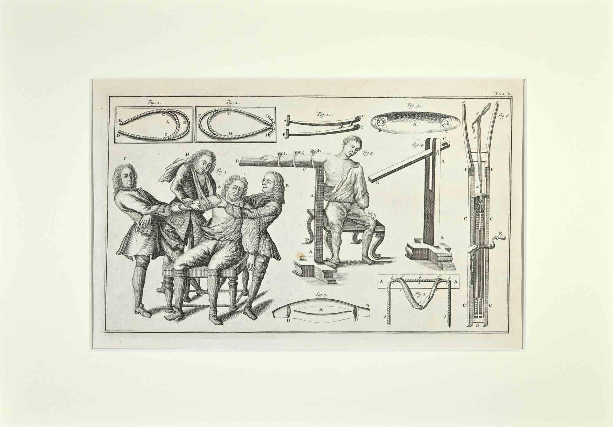 Surgical Instruments and Treatements is part of the suite realized by Lorenz Heister in the series of Institutiones Chirurgicae, Amsterdam, Janssonius-Waesberg, 1750.

Etching on paper.

The work belongs to the Latin edition of the famous work by