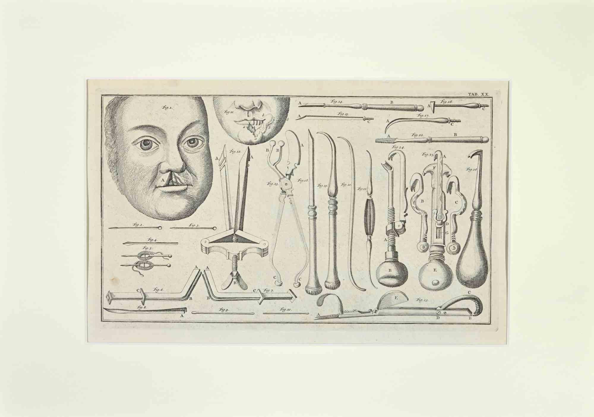 Surgical Instruments is part of the Suite Institutiones Chirurgicae by Lorenz Heister. Amsterdam, Janssonius-Waesberg, 1750.

Etching on paper.

The work belongs to the Latin edition of the famous work by the founder of modern surgery, first